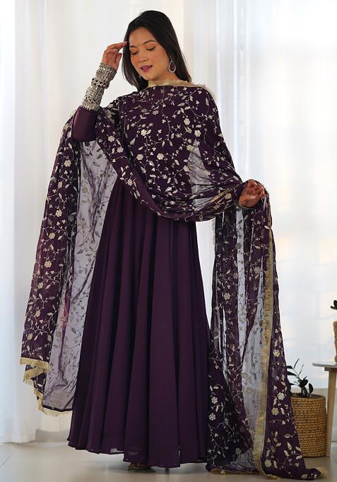 Wine Solid Faux Georgette Anarkali Set