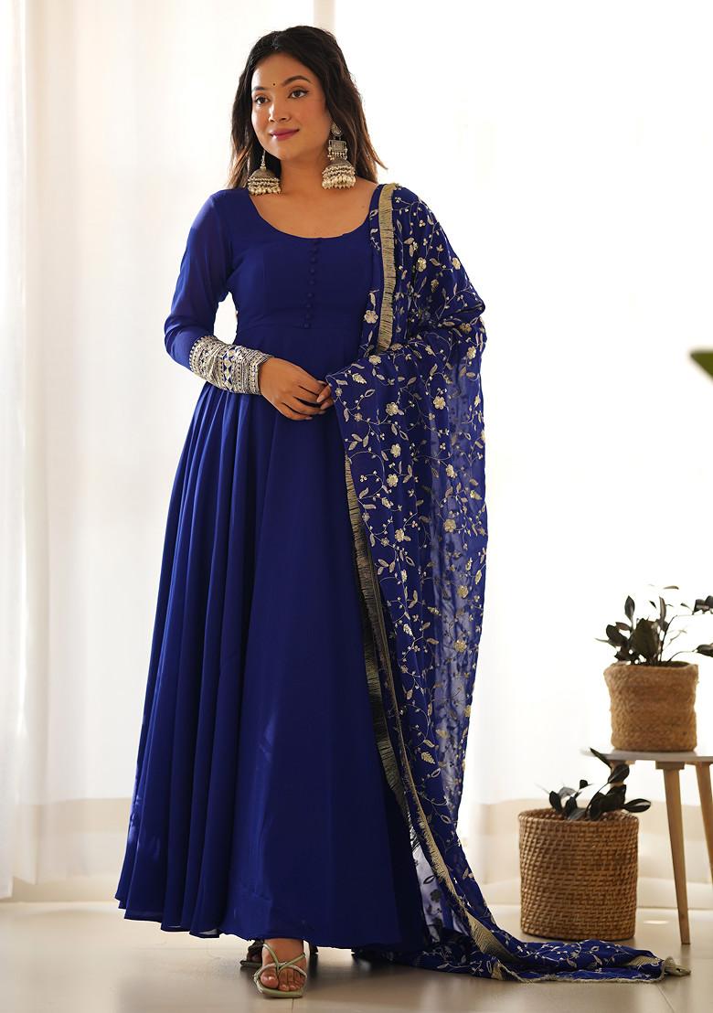 Blue Solid Faux Georgette Anarkali Set