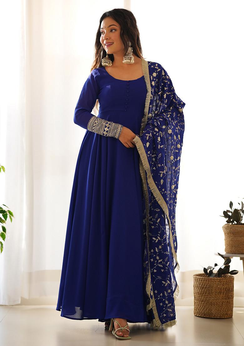 Blue Solid Faux Georgette Anarkali Set