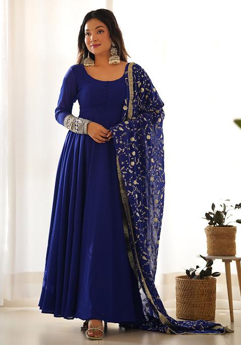 Blue Solid Faux Georgette Anarkali Set