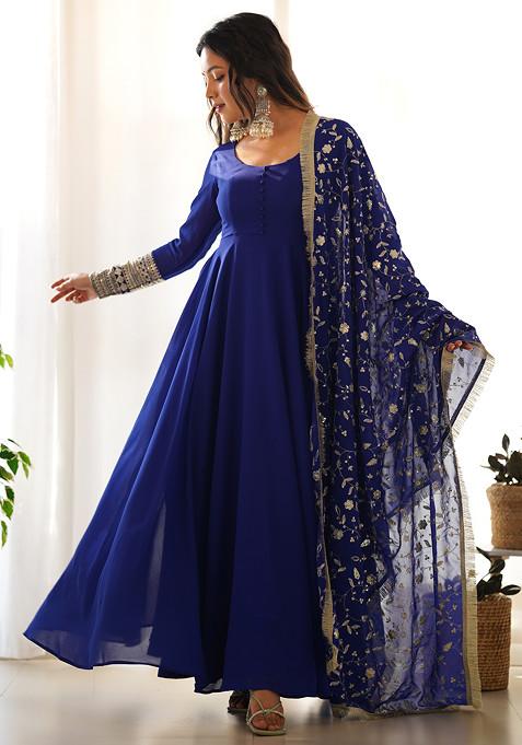 Blue Solid Faux Georgette Anarkali Set