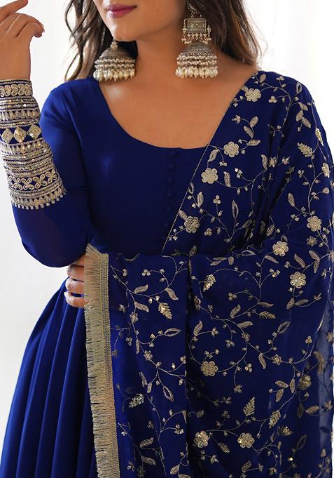 Blue Solid Faux Georgette Anarkali Set