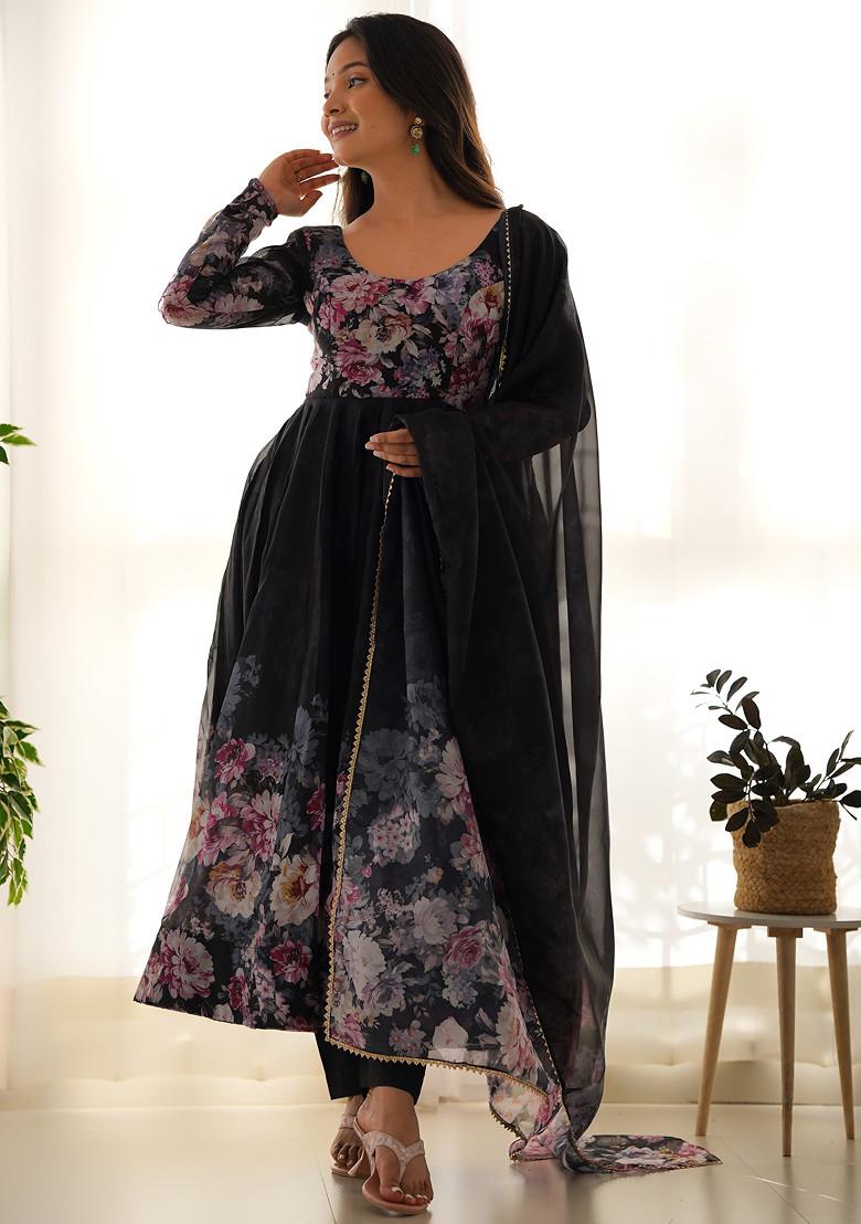 Black Printed Soft Organza Silk Anarkali Set