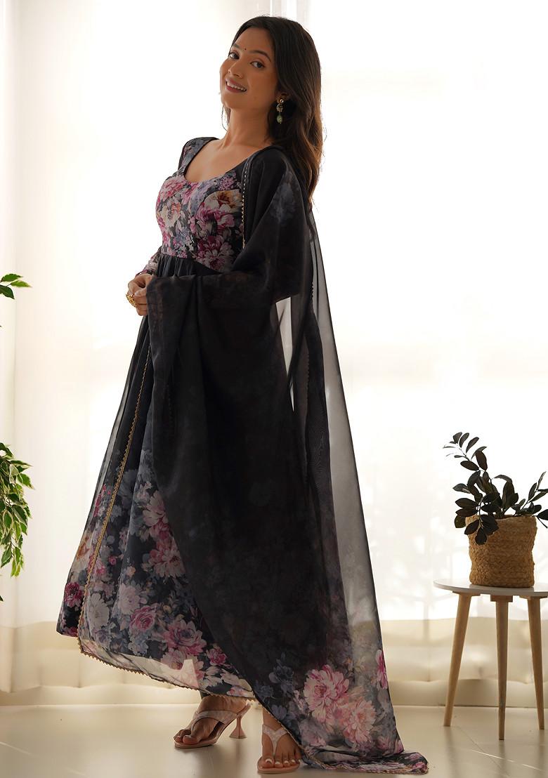 Black Printed Soft Organza Silk Anarkali Set