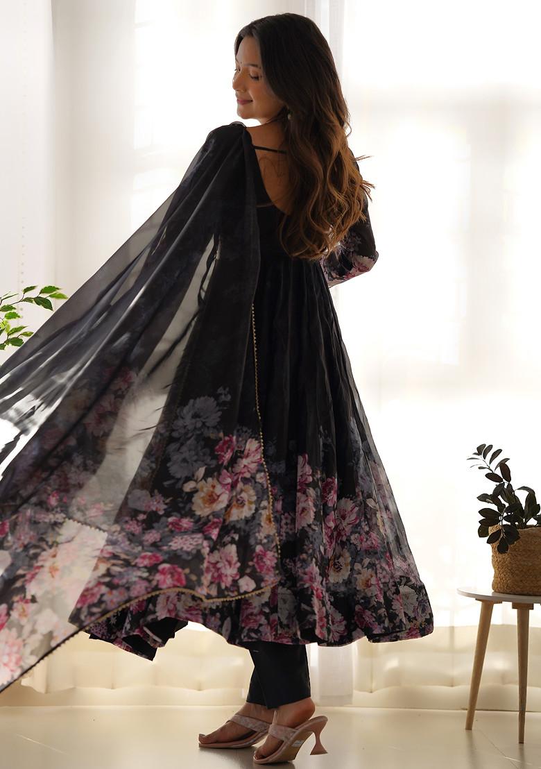 Black Printed Soft Organza Silk Anarkali Set