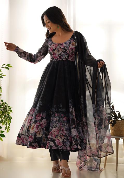 Black Printed Soft Organza Silk Anarkali Set