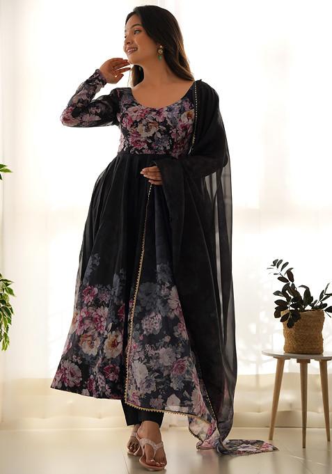 Black Printed Soft Organza Silk Anarkali Set