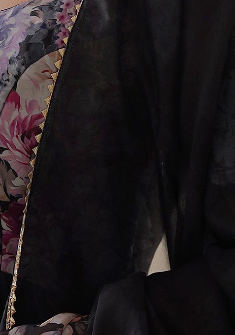 Black Printed Soft Organza Silk Anarkali Set