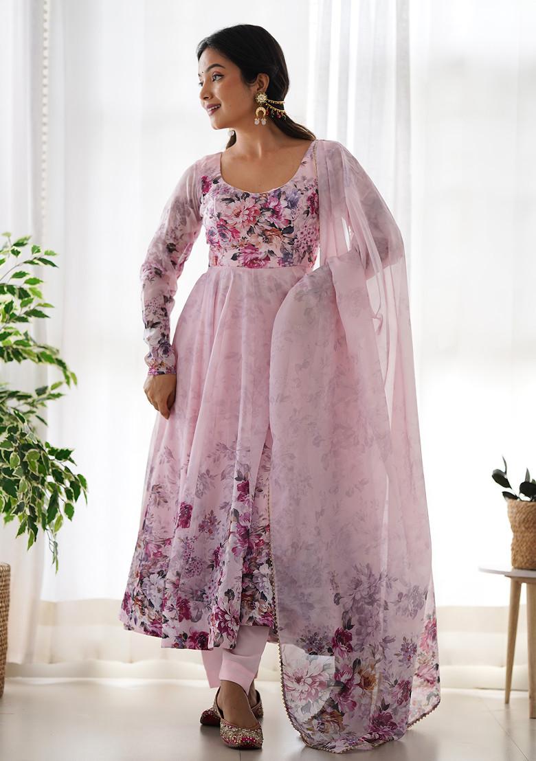 Pink Printed Soft Organza Silk Anarkali Set