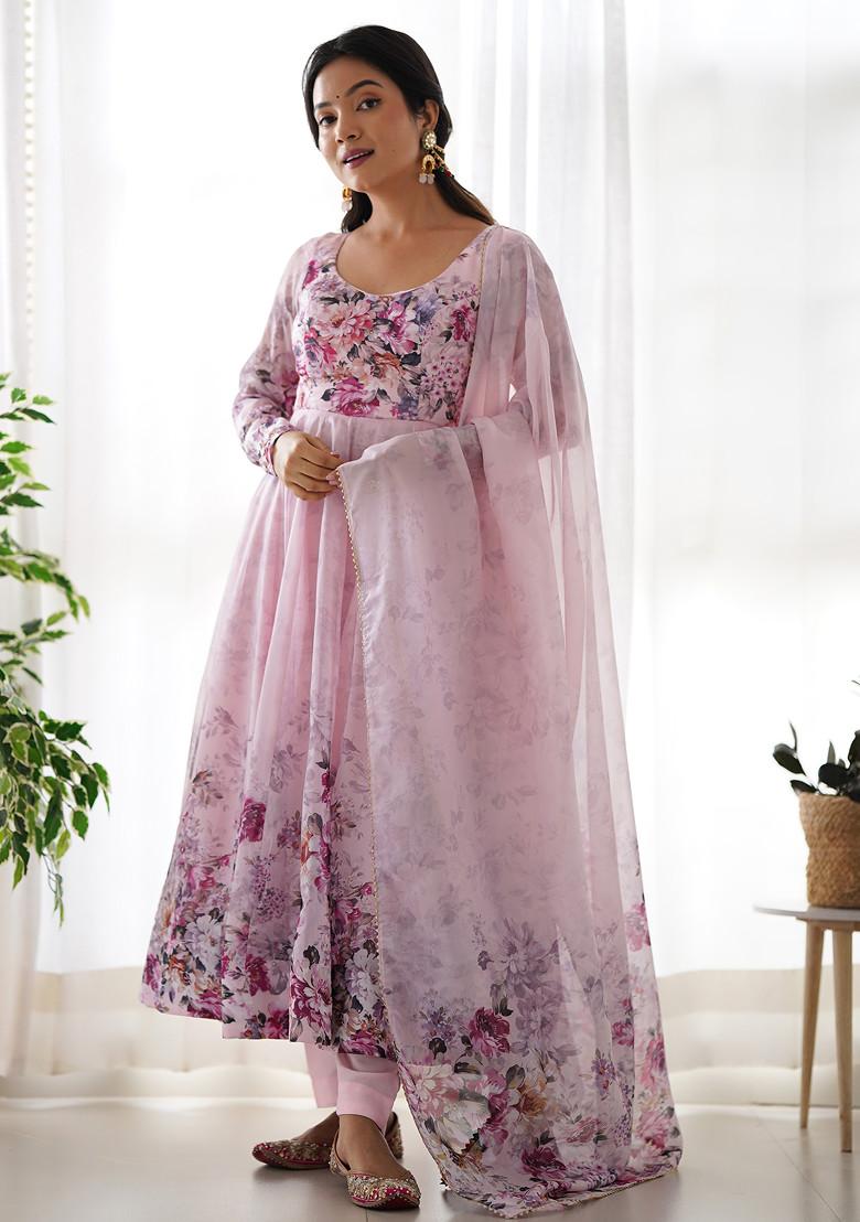 Pink Printed Soft Organza Silk Anarkali Set