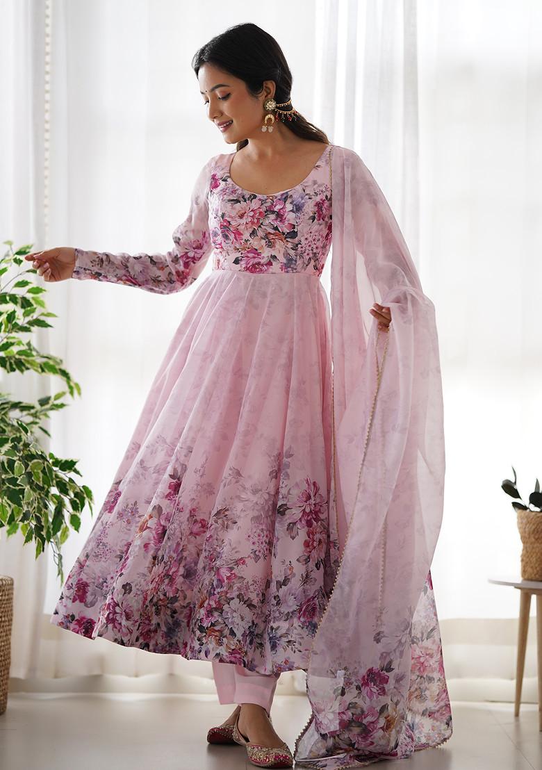 Pink Printed Soft Organza Silk Anarkali Set