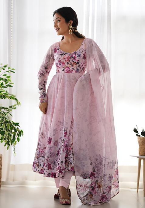 Pink Printed Soft Organza Silk Anarkali Set