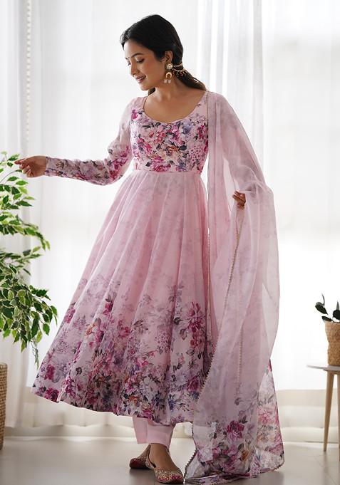 Pink Printed Soft Organza Silk Anarkali Set