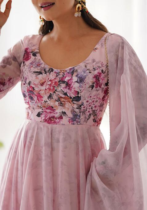 Pink Printed Soft Organza Silk Anarkali Set
