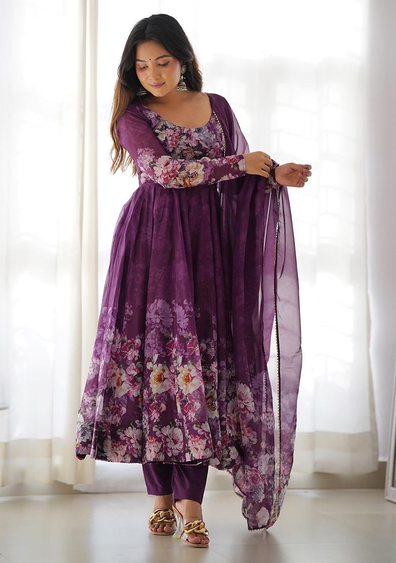 Wine Printed Soft Organza Silk Anarkali Set