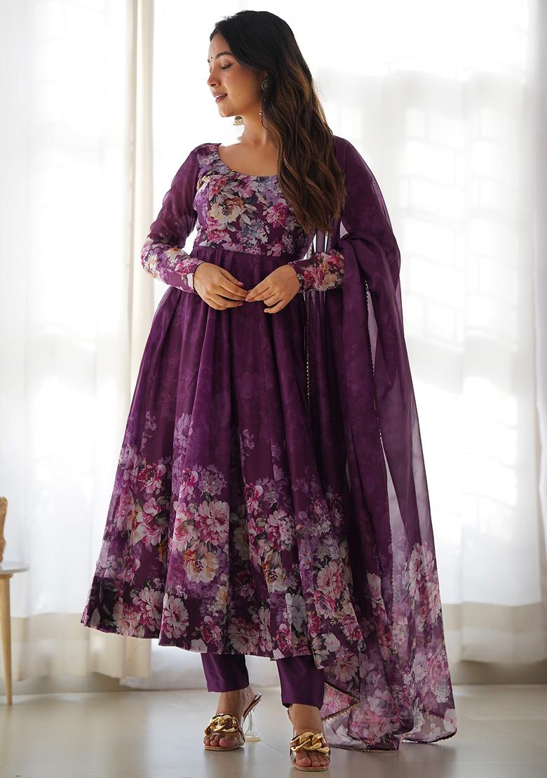 Wine Printed Soft Organza Silk Anarkali Set
