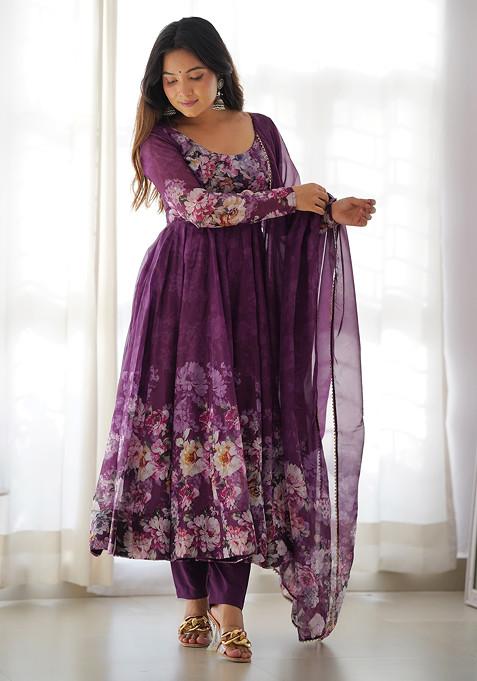 Wine Printed Soft Organza Silk Anarkali Set