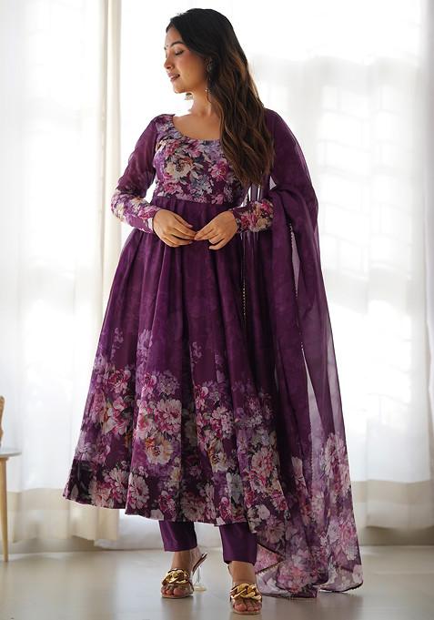 Wine Printed Soft Organza Silk Anarkali Set