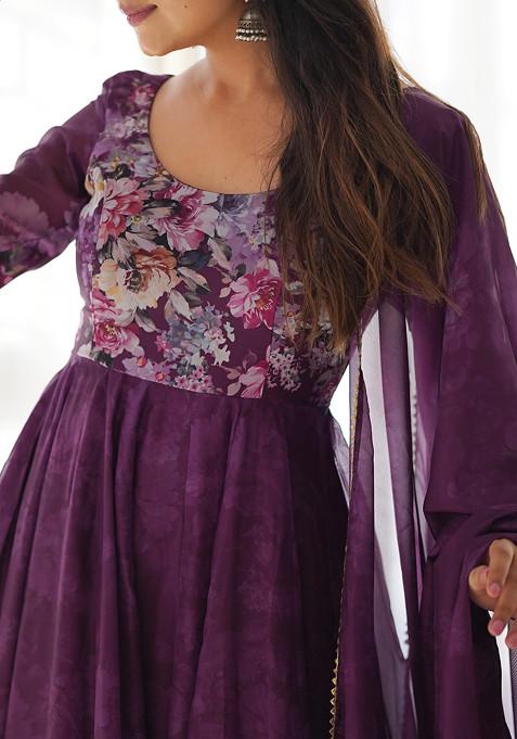 Wine Printed Soft Organza Silk Anarkali Set