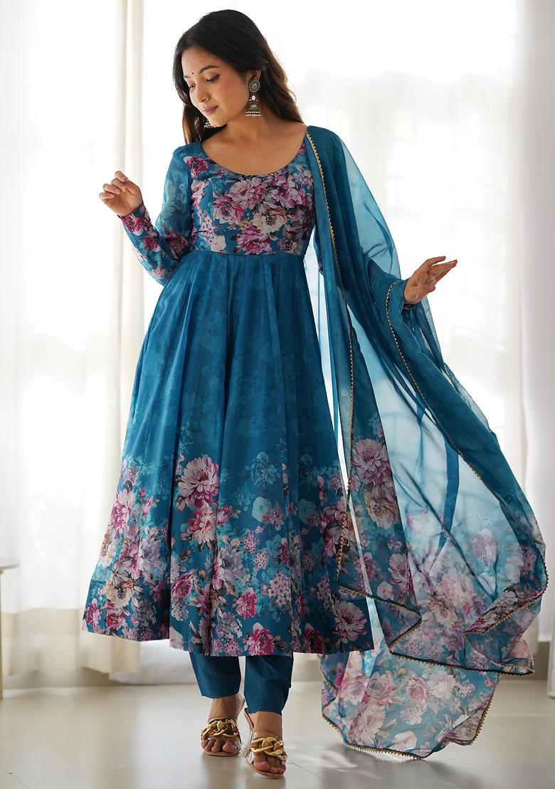 Rama Green Printed Soft Organza Silk Anarkali Set