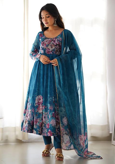 Rama Green Printed Soft Organza Silk Anarkali Set