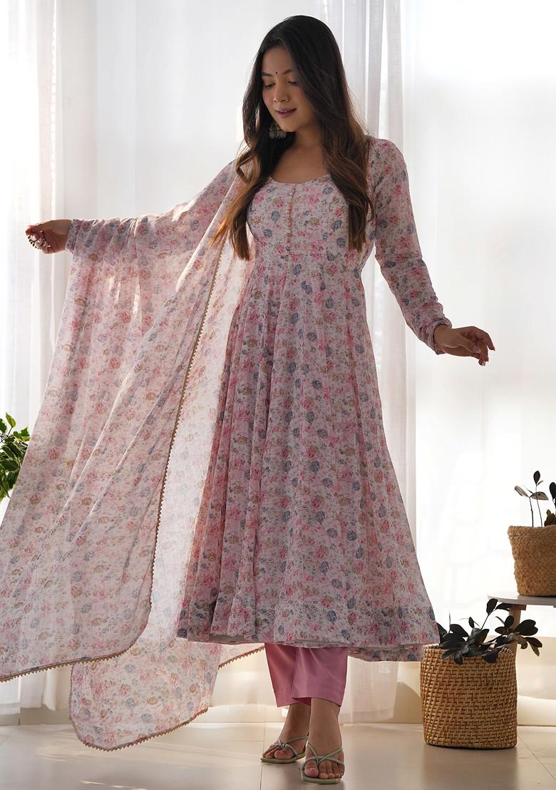 Pink Printed Organza Chiffon Anarkali Set