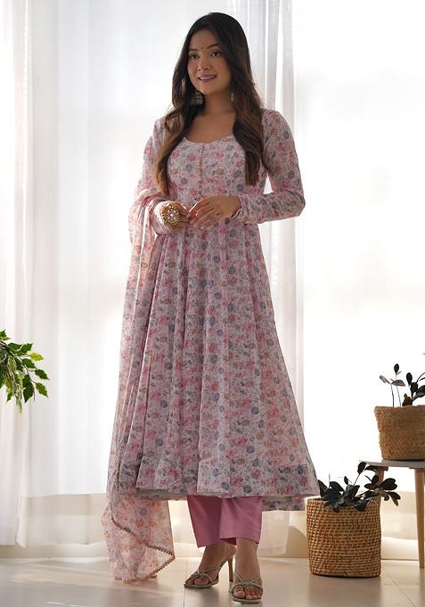 Pink Printed Organza Chiffon Anarkali Set