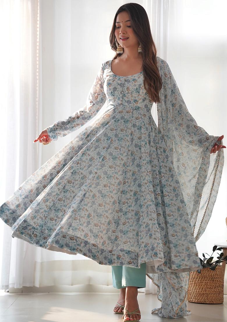 Sky Blue Printed Organza Chiffon Anarkali Set