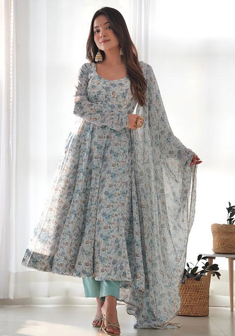 Sky Blue Printed Organza Chiffon Anarkali Set