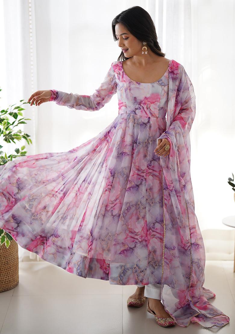 Pink Printed Organza Silk Anarkali Set