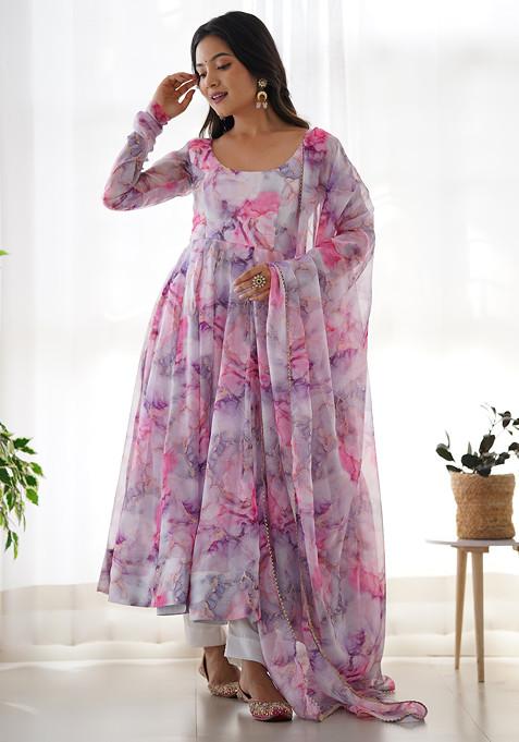 Pink Printed Organza Silk Anarkali Set