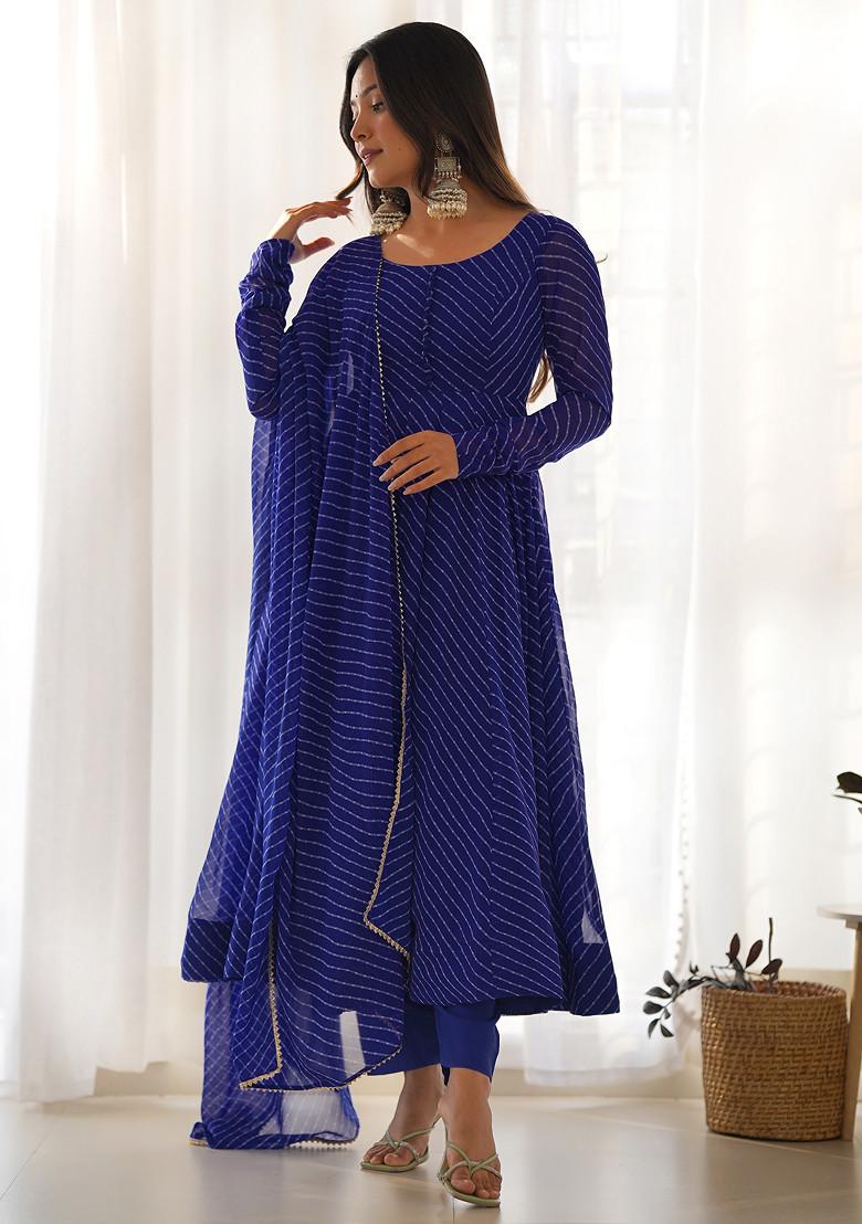 Royal Blue Printed Faux Georgette Anarkali Set