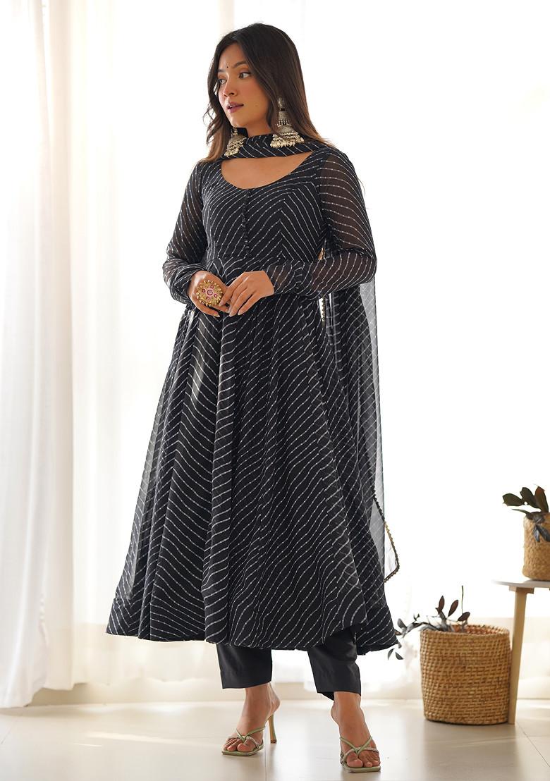 Black Printed Faux Georgette Anarkali Set