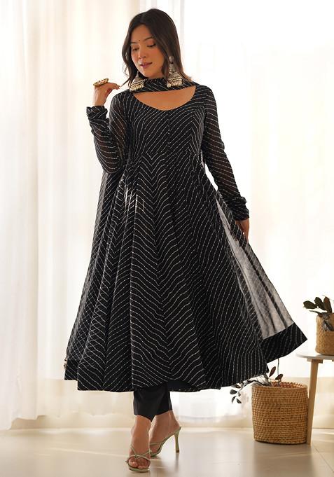 Black Printed Faux Georgette Anarkali Set