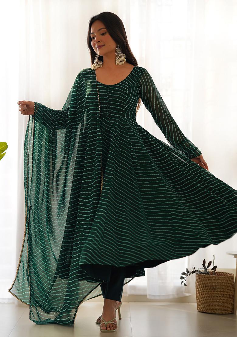 Green Printed Faux Georgette Anarkali Set