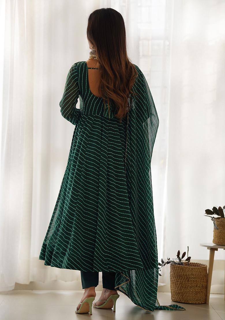Green Printed Faux Georgette Anarkali Set