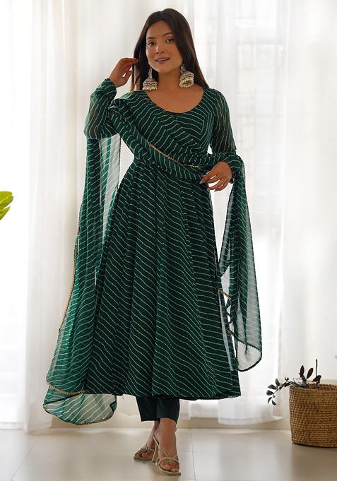 Green Printed Faux Georgette Anarkali Set