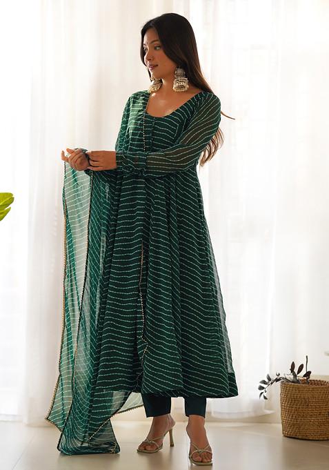 Green Printed Faux Georgette Anarkali Set