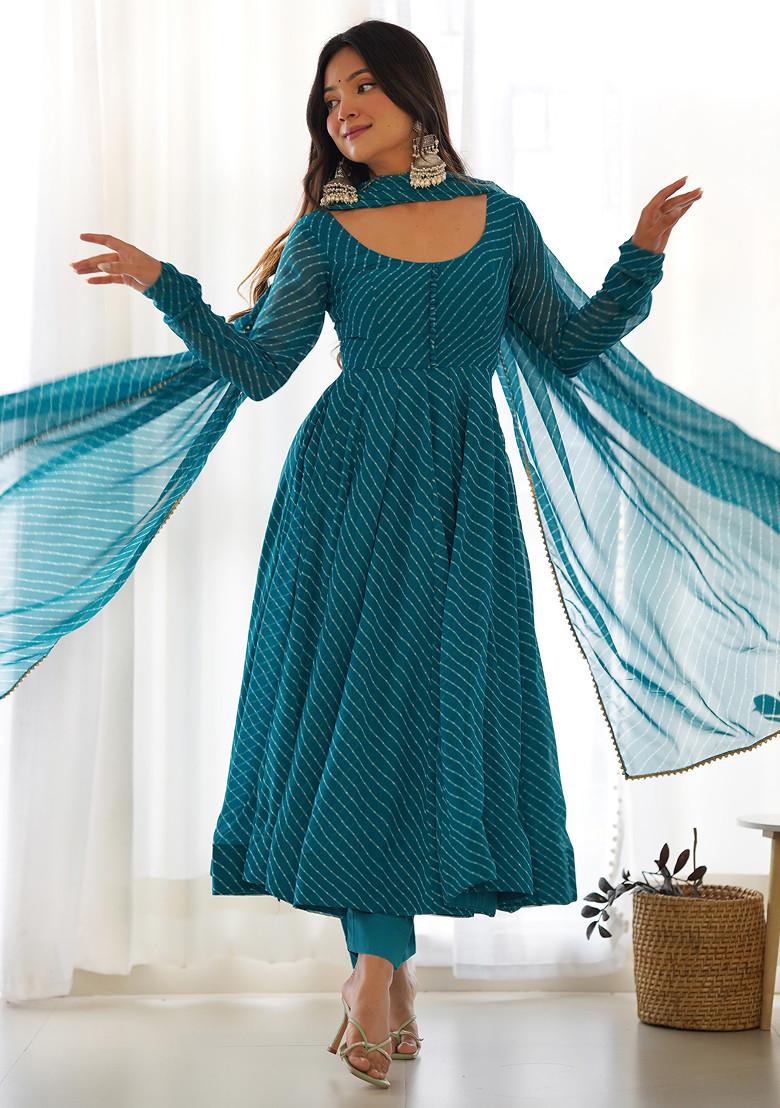 Rama Green Printed Faux Georgette Anarkali Set