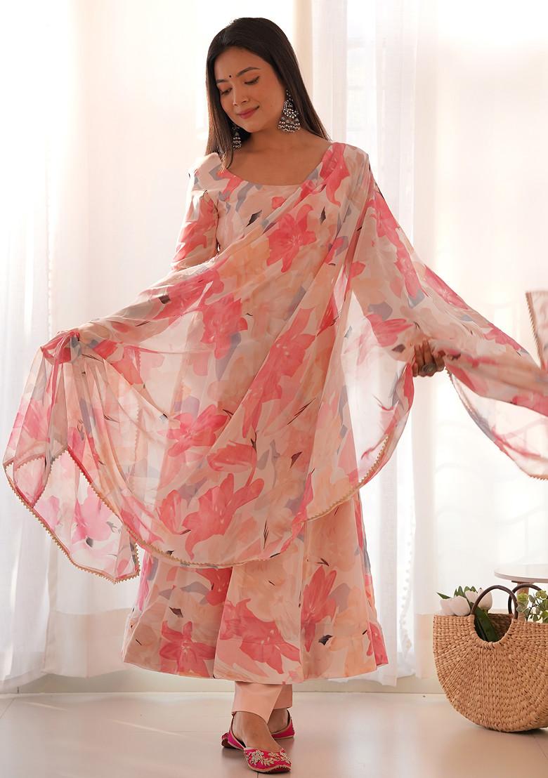 Peach Printed Faux Georgette Anarkali Set