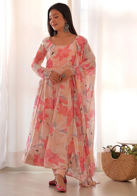 Peach Printed Faux Georgette Anarkali Set