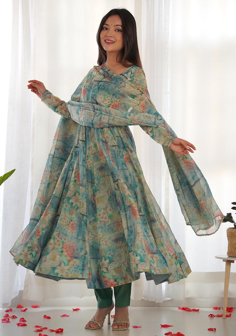 Sea Green Printed Soft Organza Silk Anarkali Set