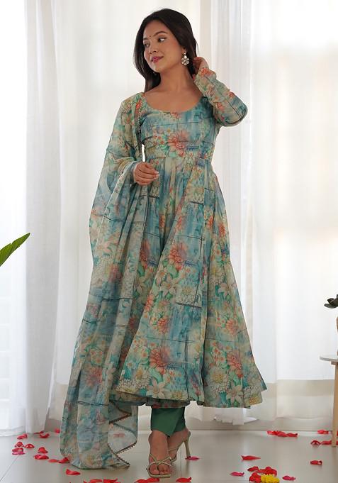 Sea Green Printed Soft Organza Silk Anarkali Set