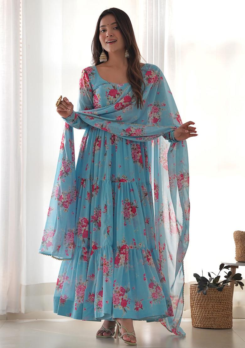 Sky Blue Printed Georgette Anarkali Set