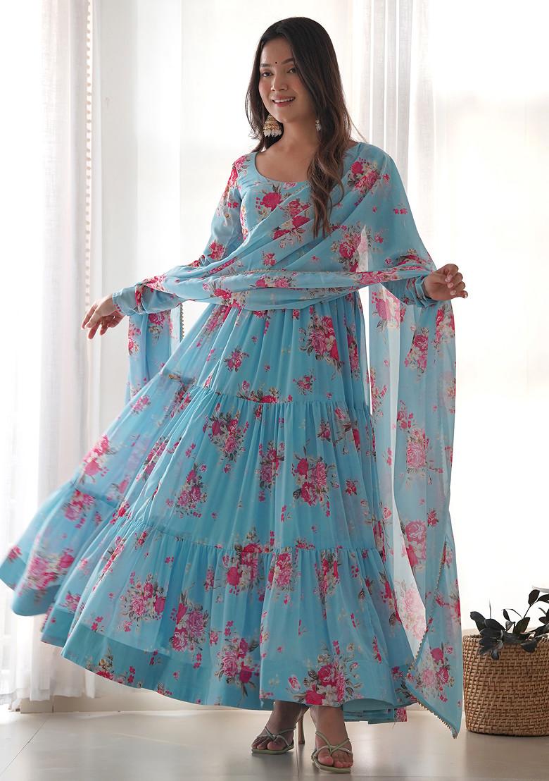 Sky Blue Printed Georgette Anarkali Set