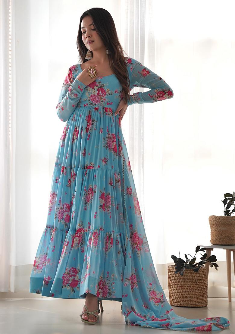 Sky Blue Printed Georgette Anarkali Set