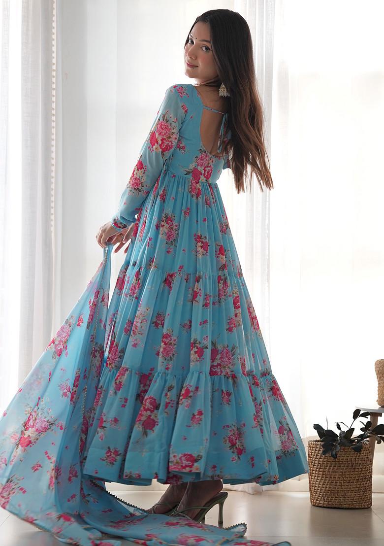 Sky Blue Printed Georgette Anarkali Set