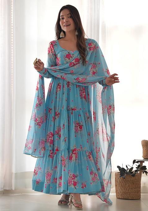 Sky Blue Printed Georgette Anarkali Set