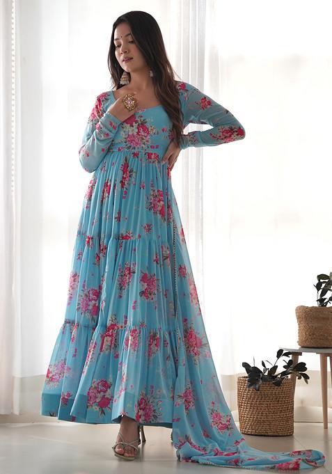 Sky Blue Printed Georgette Anarkali Set