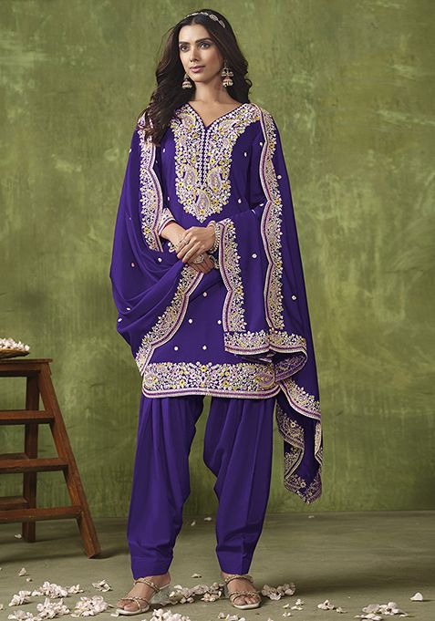 Violet Embroidered Chanderi Silk Kurta Set